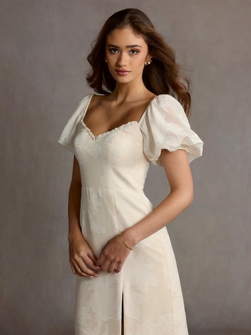 Azazie Misha Ivory Puff-Sleeve Midi Dress with Front Slit - Picture 3 of 10
